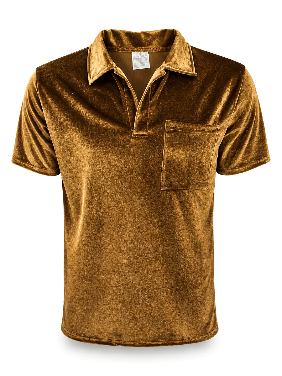 Men's Velvet Lapel Short-Sleeve Polo Shirt, American Relaxed Style, Soft, Skin-Friendly, Breathable, and Versatile, for Daily Commuting and Streetwear - Coffee Color