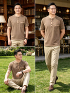 Middle-aged Men's Washed Distressed Vintage T-shirt, Shirt, Henley Collar Top, Solid Color Casual Top - Coffee Brown