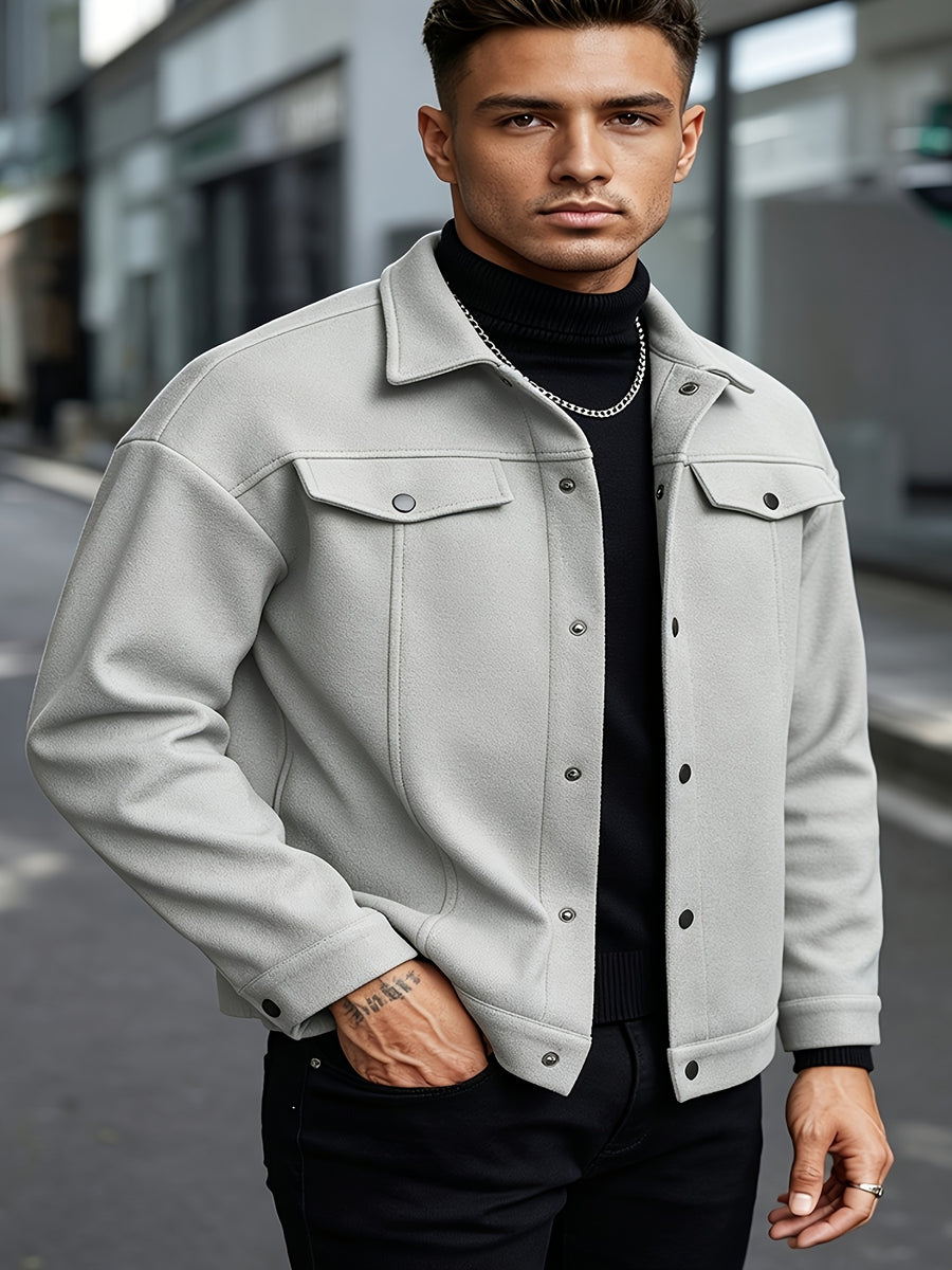 Autumn Winter Men'S Short Jacket Loose Lapel Cargo Coat Youth Solid Color All-Match Casual Top - Light Grey