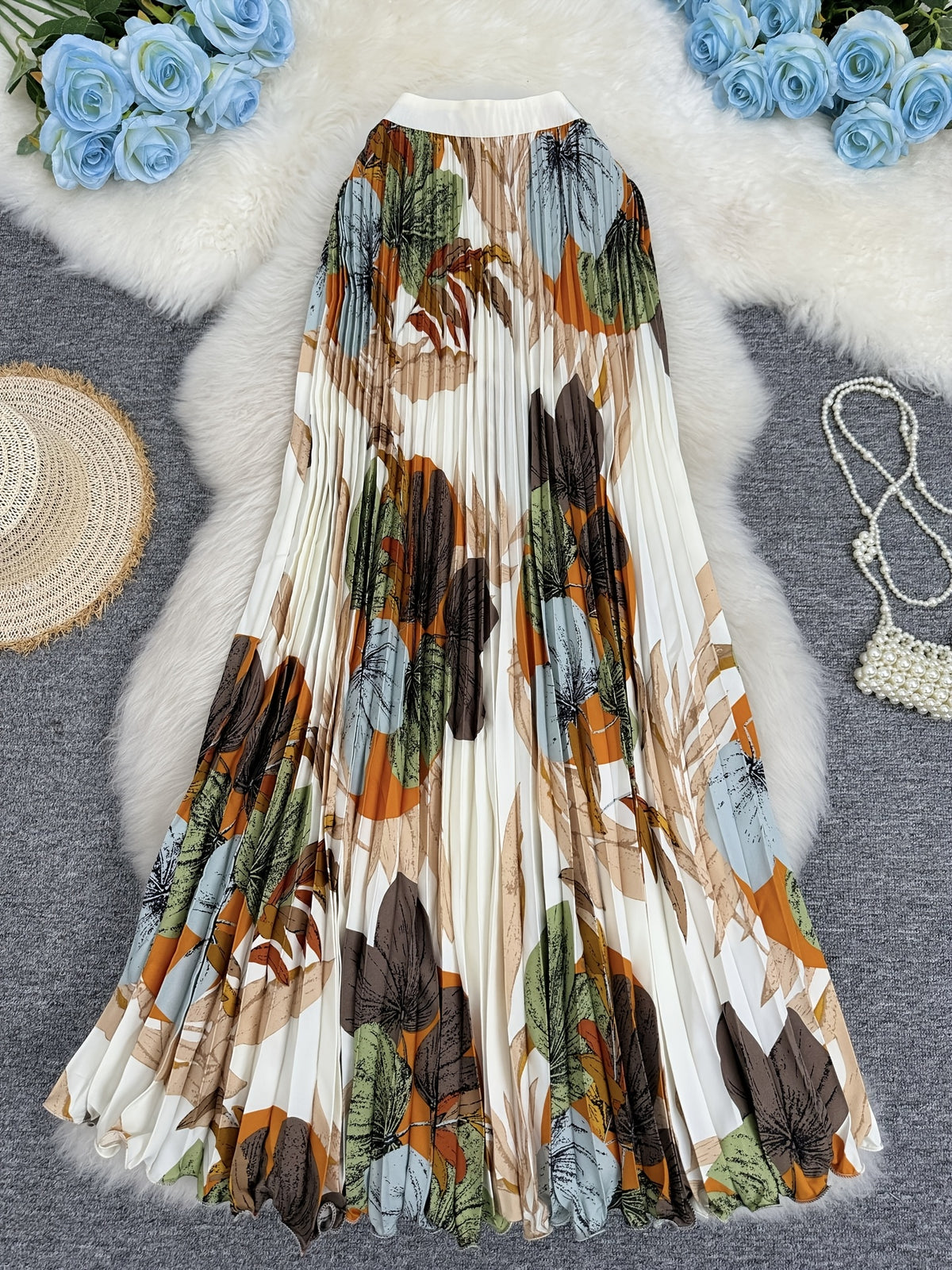 Summer High-End Print Long Dress Pleated Large Swing Skirt - Mixed colors