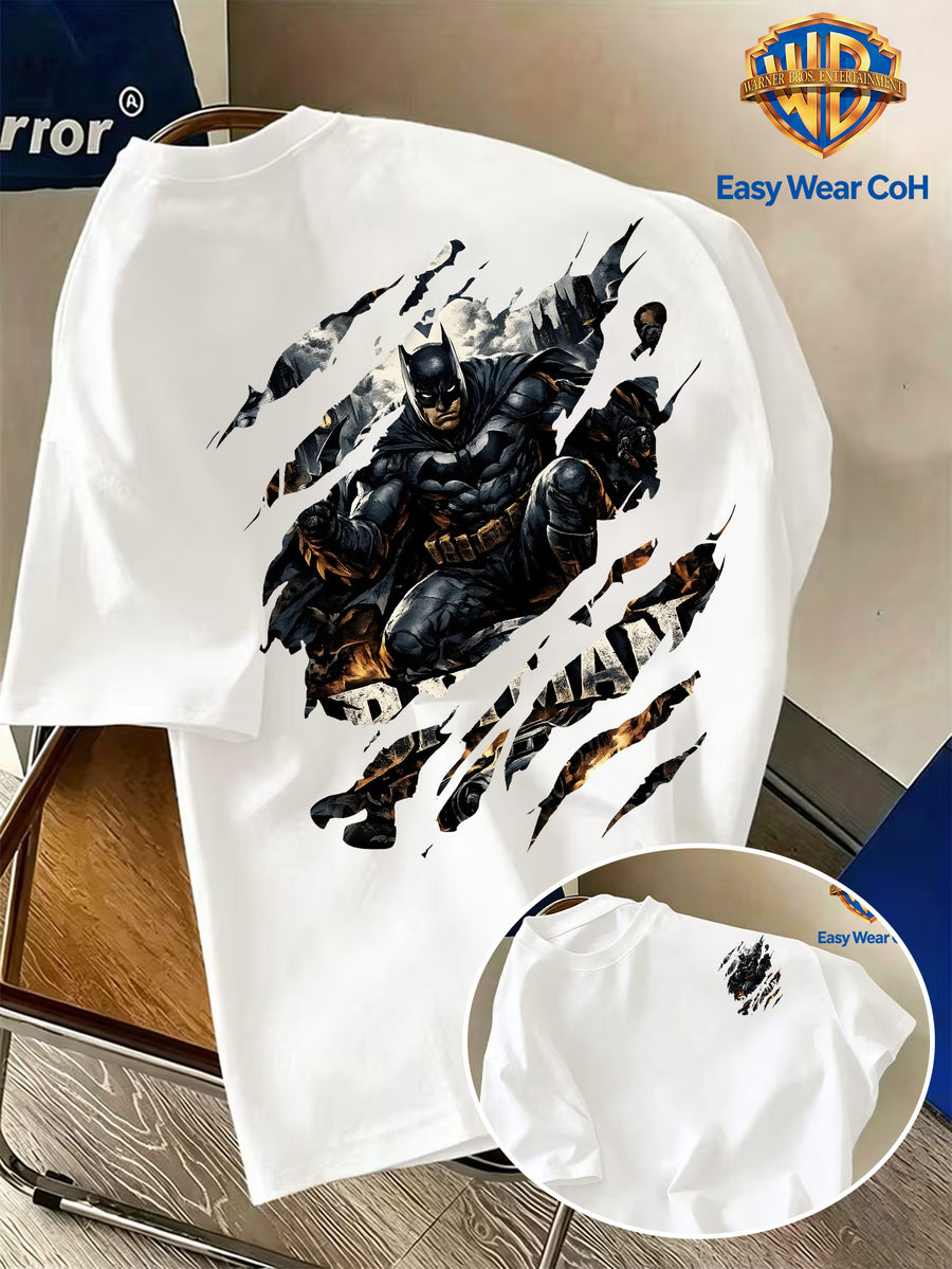 Warner Authorized New Men'S Casual Round Neck Short Sleeve T-Shirt, Front And Back Ripped Claw Mark Effect Batman Creative Pattern Print, Trendy Cool Individual Men'S Top, Niche Print Non-Collision Style, Soft Skin-Friendly Breathable Fabric - White