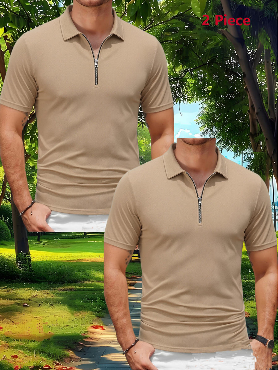 2pcs Men'S Sports Outdoor Casual Lapel Solid Color Breathable Zipper POLO Shirt - Khaki 2pcs