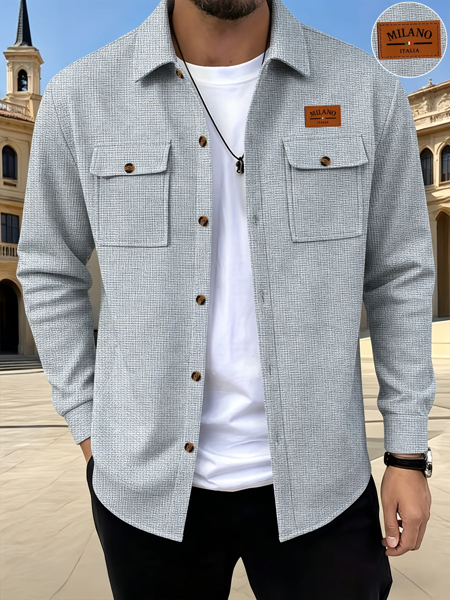 Men's Textured Lapel Casual Shirt Jacket, Lightly Mature Commuter Style, Wrinkle-Free and Easy to Care for. Simple and Textured Dual-Pocket Workwear Design. Subtle and Distinctive Label Decoration on the Chest. Suitable for Workplace, Daily Use - Grey