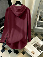 Mid-Length Hooded Sweatshirt for Women, Loose Hip-Covering Letter Print Drawstring Pullover Top - Burgundy