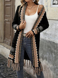 25th Anniversary Sweater Holiday Style New Arrival, Four Seasons Versatile Women's Clothing, Contrast Color Geometric Pattern with Hem Tassel Design, Long Elegant Long Sleeve Cardigan Coat - Black