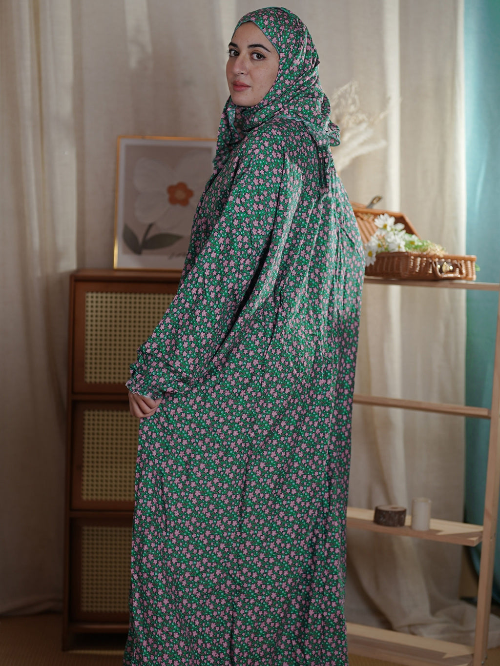 Ramadan Floral Pattern Modest Dress, Elegant Long Sleeve Loose With Hijab Modest Dress, Women's Clothing - Multicolor