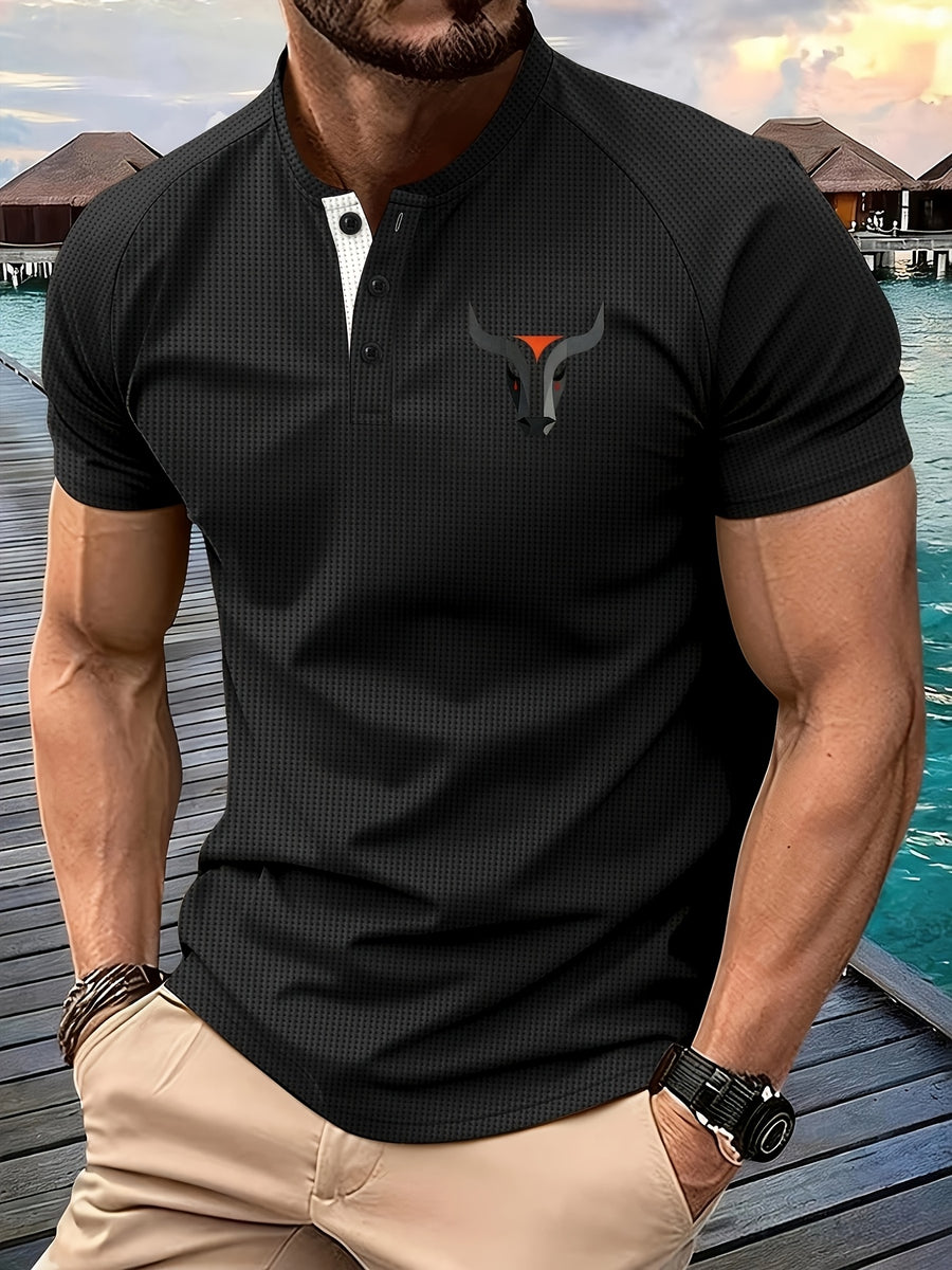 Summer Casual Fashion Men's Short-Sleeve Henley T-Shirt, Outdoor Leisure Work Running Comfortable European and American Trendy Versatile Men's Casual Shirt, Minimalist Outdoor Breathable Training Casual Men's Versatile Polo Shirt - Black