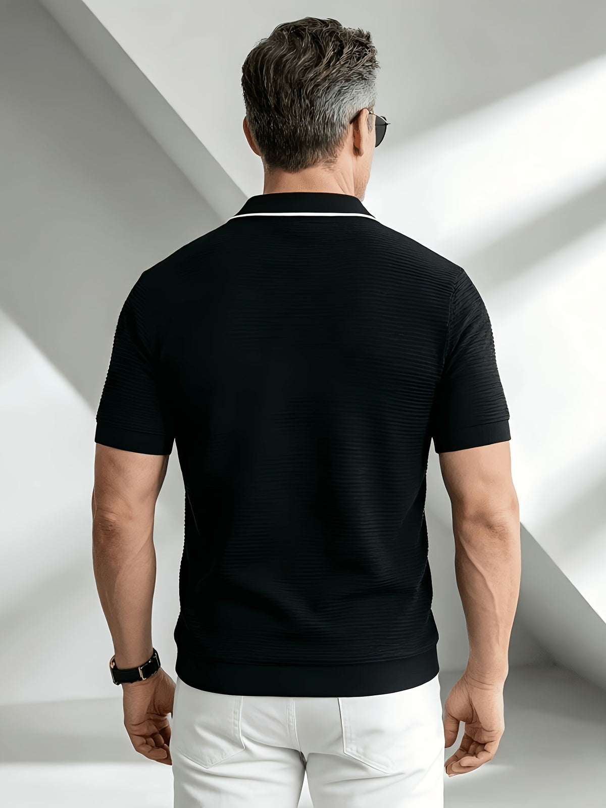 2026 New Fashionable Business Mature Men'S Casual Contrast Trim Lapel Short Sleeve Knit Polo Shirt, Slim Fit Breathable Knit Top, Summer Suitable for Daily, Office And Weekend Outfits - Black