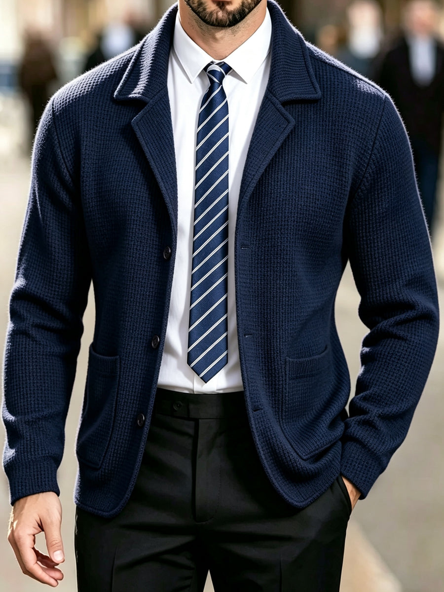 Men'S Spring Autumn New Waffle Check Blazer Collar Cardigan Single Button Double Pocket Business Casual All-Match Long Sleeve Knit Jacket, Soft Comfortable Fashion Solid Color Outerwear Suitable for Daily Outings, Dates, Holidays, And Travel - Navy Color