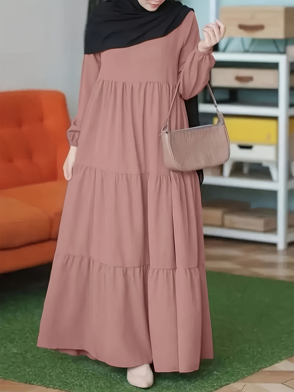 Women's Elegant Longrobe Dress - Flattering Fit Long Sleeve Formal & Everyday dress, Machine Washable All-Season Robe-like Outfit for Women, Long Sleeve Dresses, Versatile Attire, Round Neckline, Durable Material, Stylish Women - pink