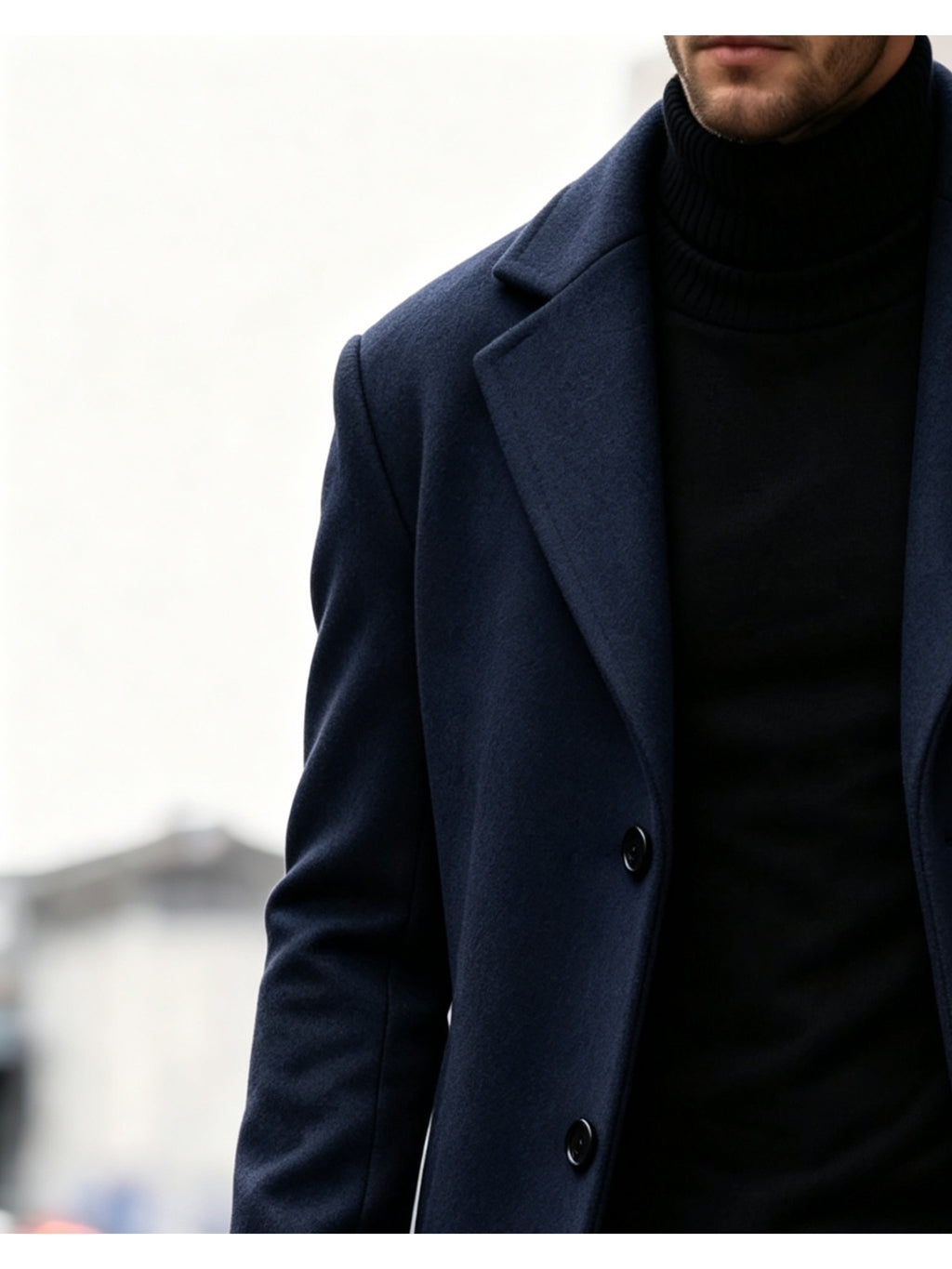 Men's Long Tweed Overcoat, European and American Style Suit Lapel Single-Breasted Slim Fit Blend Coat, Autumn/Winter Windproof and Warm Business Men's Wear, Multiple Colors Available, 100% Polyester - Navy Color