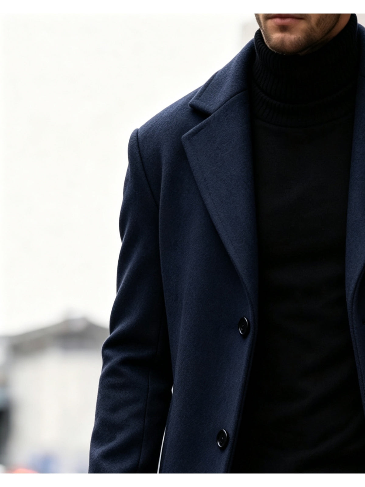Men's Long Tweed Overcoat, European and American Style Suit Lapel Single-Breasted Slim Fit Blend Coat, Autumn/Winter Windproof and Warm Business Men's Wear, Multiple Colors Available, 100% Polyester - Navy Color