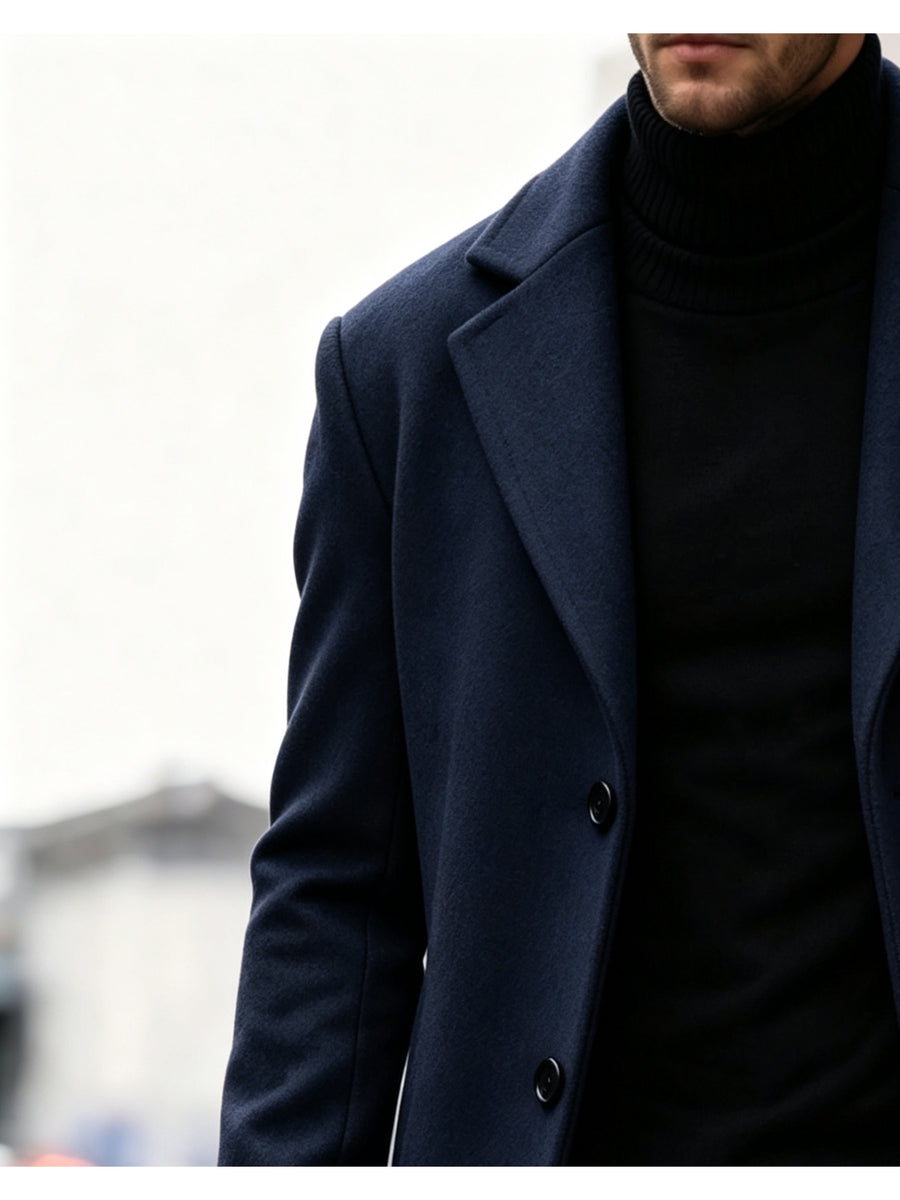 Men's Long Tweed Overcoat, European and American Style Suit Lapel Single-Breasted Slim Fit Blend Coat, Autumn/Winter Windproof and Warm Business Men's Wear, Multiple Colors Available, 100% Polyester - Navy Color