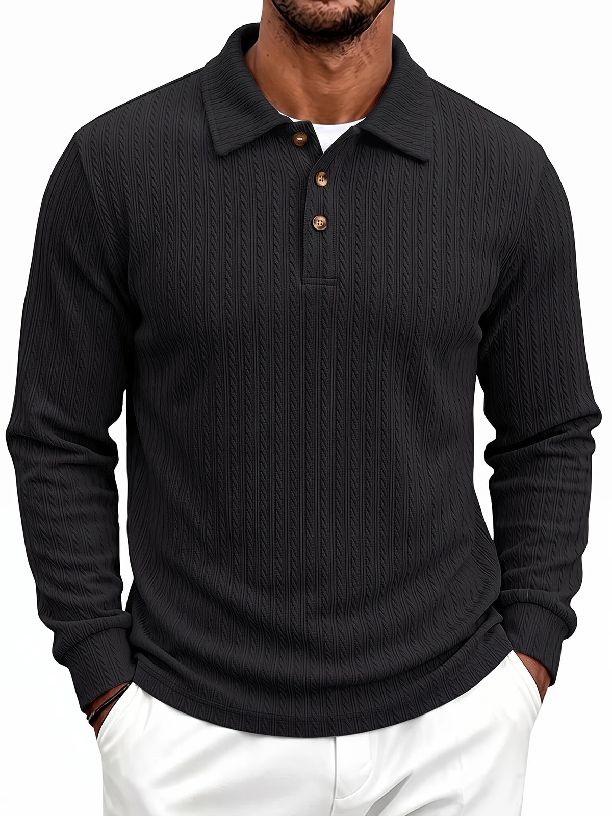 New Autumn Winter Men'S Fashion Casual Outdoor Jacquard Lapel Button-Up Long Sleeve Henley Shirt, Boyfriend Birthday Gift - Black