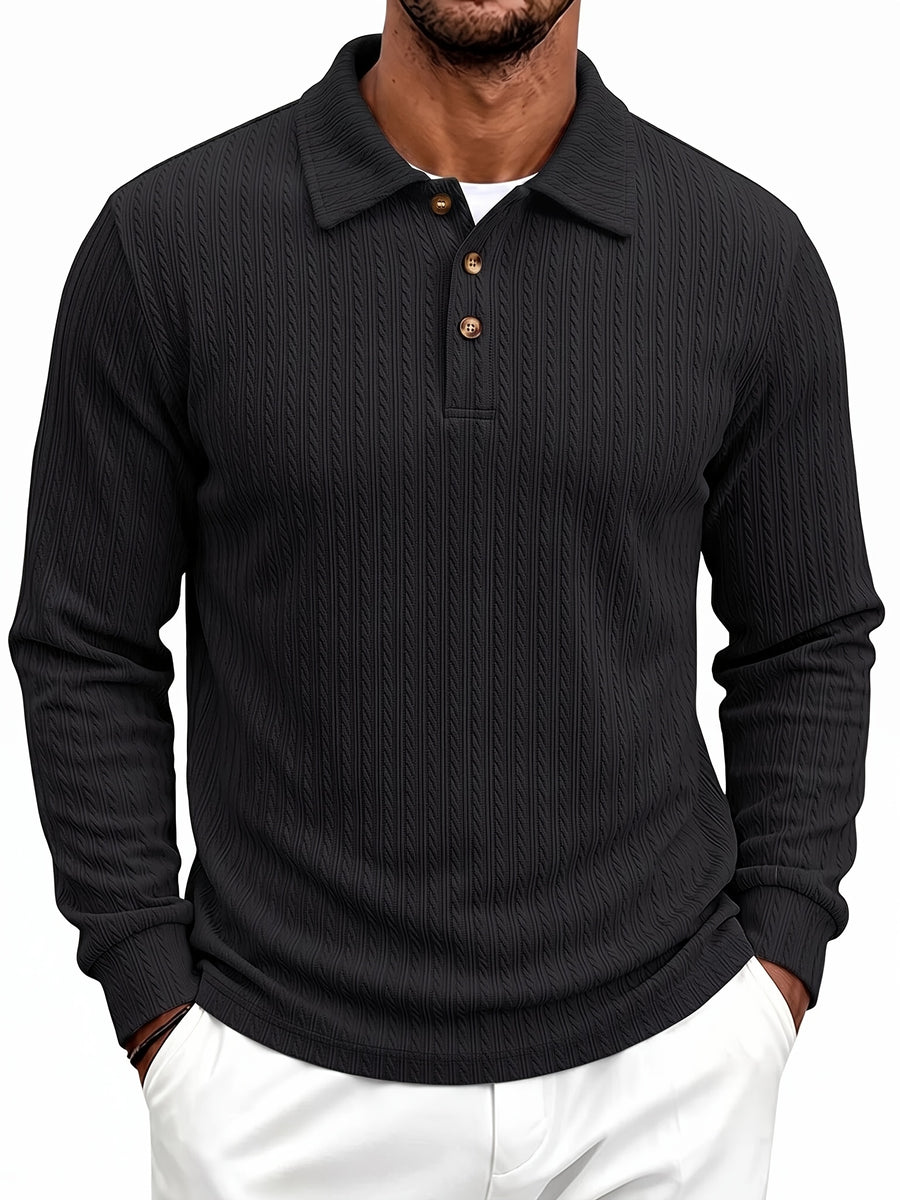 New Autumn Winter Men'S Fashion Casual Outdoor Jacquard Lapel Button-Up Long Sleeve Henley Shirt, Boyfriend Birthday Gift - Black