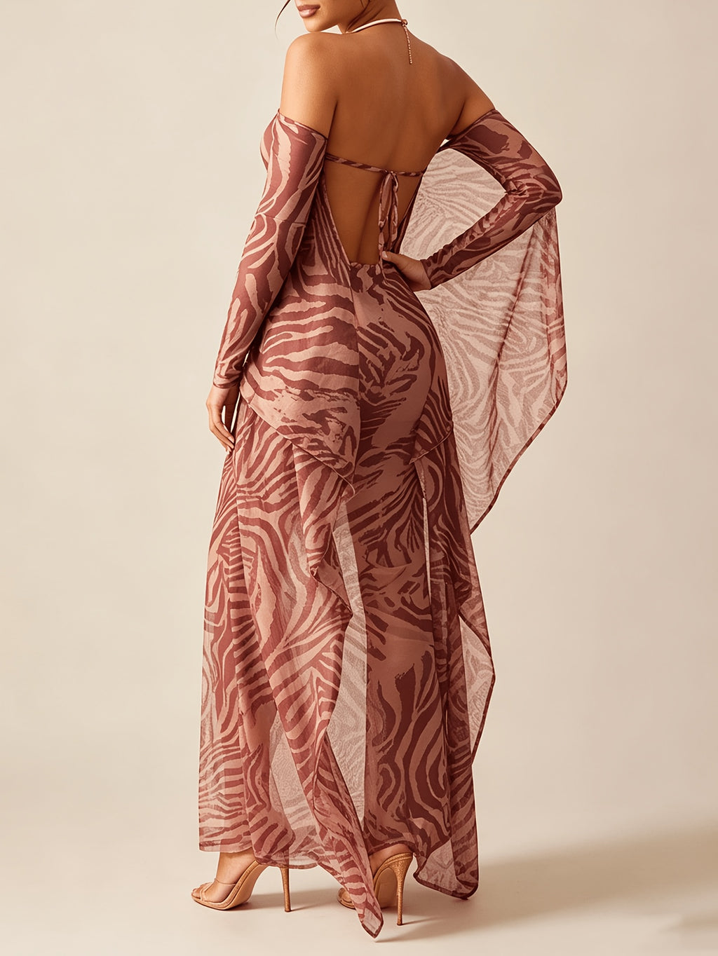 Sexy Party Hot Style Zebra Print Mesh Dress with Off-Shoulder and Open Back, Slim-Fit Long Dress - Sepia