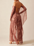 Sexy Party Hot Style Zebra Print Mesh Dress with Off-Shoulder and Open Back, Slim-Fit Long Dress - Sepia