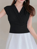Women'S Solid Color V-Neck Twist Ruched Fitted Batwing T-Shirt, Elegant Office Business Casual Top, Summer Wear - Black