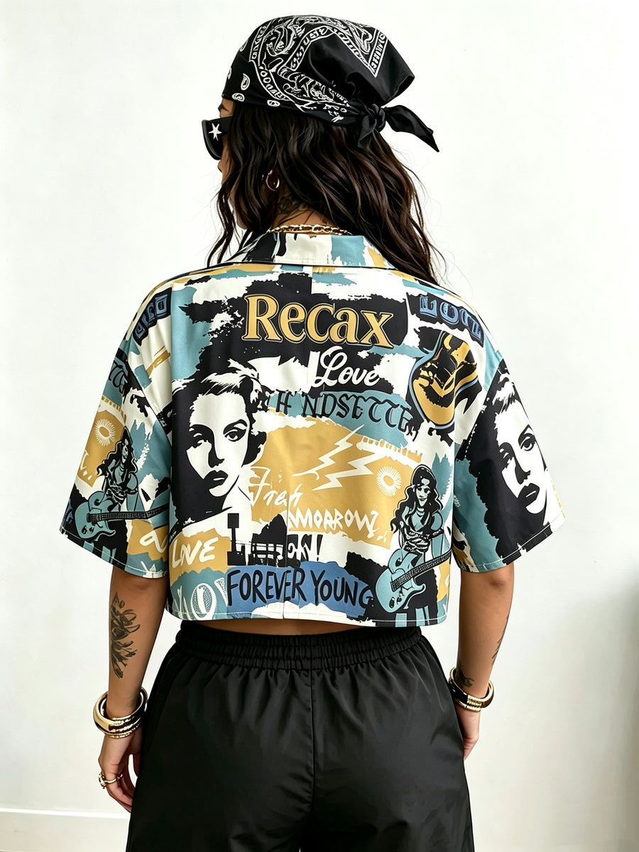 Women's Summer Trendy Plaid Oversized Cropped Printed Shirt, All-Season Wear, Street Hip Hop & Retro College Style, Casual for Daily Outfits, Ideal Surprise Gift for Festivals and Anniversaries - Mixed colors
