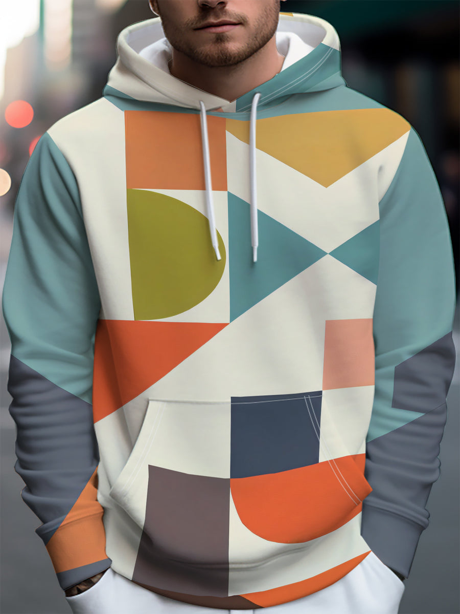 Men'S Individual Trendy Street Style Hooded Sweatshirt with Geometric Color Block Abstract Design - Full of Street Trendy Style, Rich And Artistic Pattern Elements, Easily Create Individual Outfits, Drawstring Design Adds Casual Charm - Multicolor
