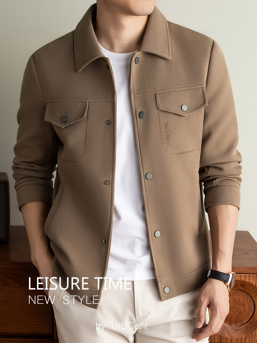 Men's Lightweight Textured Jacket with Button-Front & Collar - Soft Breathable Workwear Coat Suitable for Business Office, Travel, Casual Streetwear, Spring/Autumn Outerwear, Hand Washable Button-Up Blazer - Khaki