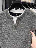 Autumn/Winter New V-Neck Button Design Color-Blocked Spliced Crew Neck Men's Sweater, Thickened Warm Versatile Casual Knitwear, Skin-Friendly and Comfortable, Durable and Breathable Pullover Men's Top BD26806 - Dark Gray