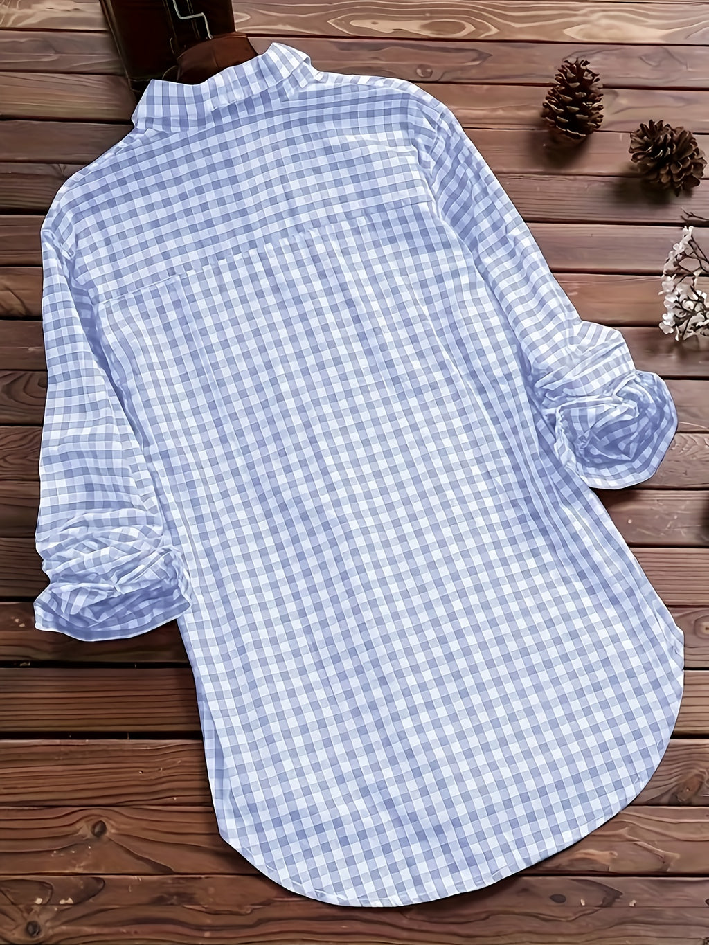 Women'S Spring Summer Casual Retro Commuter Long Sleeve Plaid Shirt - Light Blue