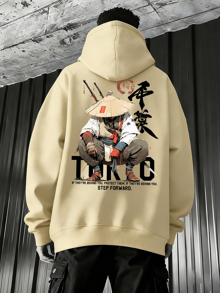 Men'S Japanese Samurai Kendo Warrior Hooded Sweatshirt | Casual Hooded, Heavy-weight, Slight Stretch Fabric, Geometric-pattern, Perfect for Spring/Fall - Apricot