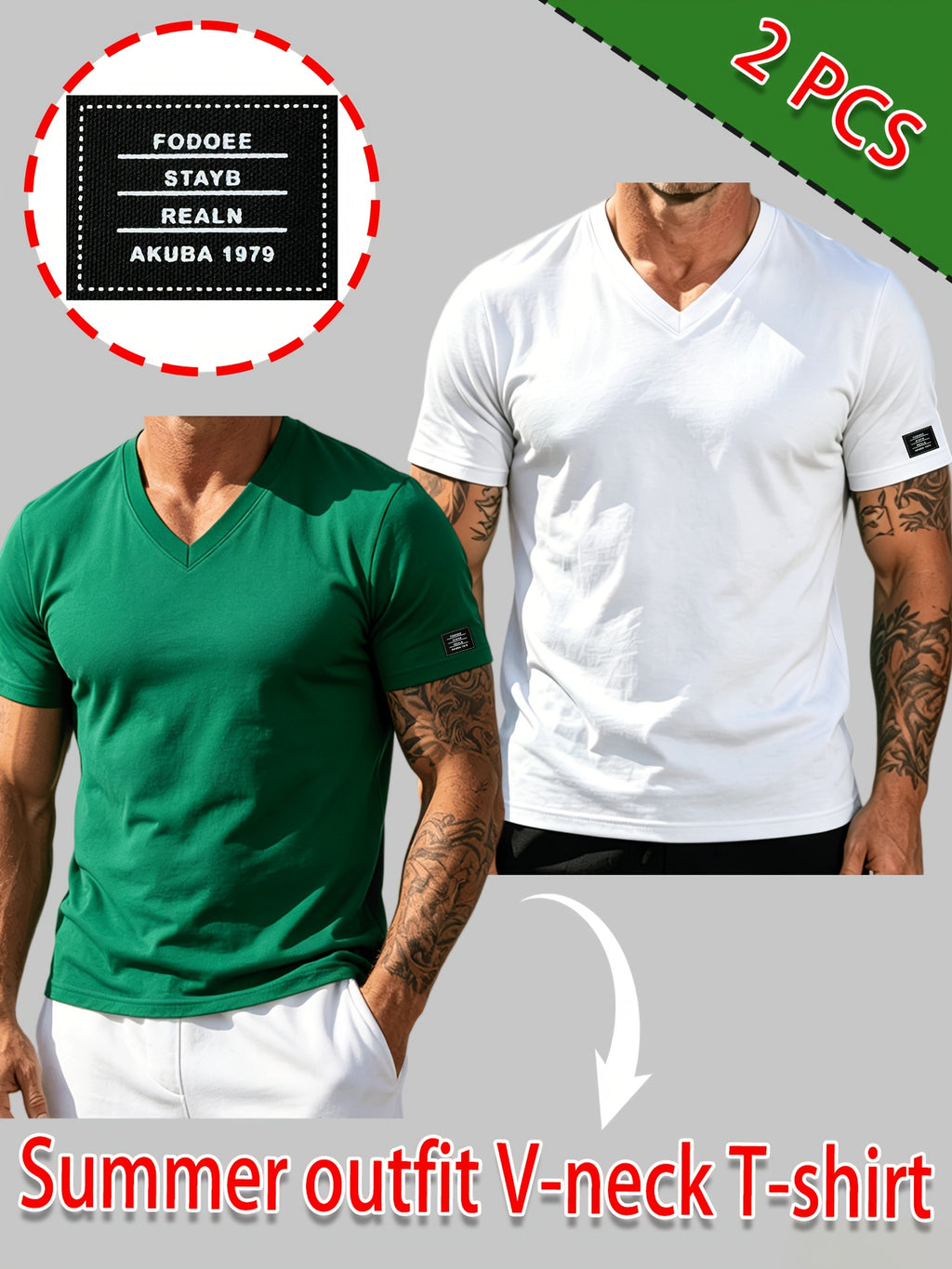 100% Cotton 2pcs Men's Basic V-Neck Pure Cotton Solid Color Short Sleeve T-Shirt, Soft and Skin-Friendly, Versatile Top for Fitness, Casual, and Daily Wear - White+Green