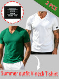 100% Cotton 2pcs Men's Basic V-Neck Pure Cotton Solid Color Short Sleeve T-Shirt, Soft and Skin-Friendly, Versatile Top for Fitness, Casual, and Daily Wear - White+Green