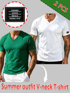 100% Cotton 2pcs Men's Basic V-Neck Pure Cotton Solid Color Short Sleeve T-Shirt, Soft and Skin-Friendly, Versatile Top for Fitness, Casual, and Daily Wear - White+Green