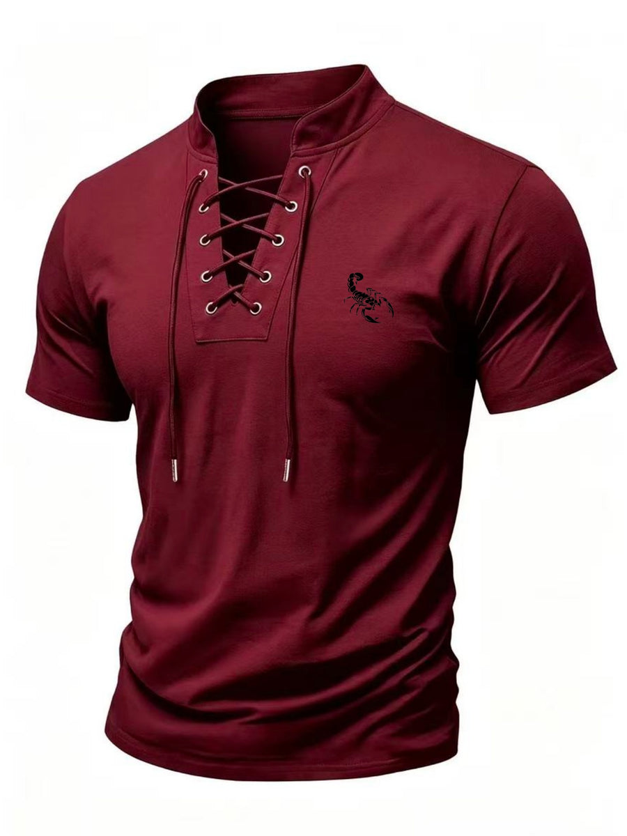 2026 New Men's Short-Sleeve T-Shirt, Men's Lace-Up Stand Collar Short-Sleeve Tee, Suitable for All Seasons, Slim-Fit Casual Top with Unique Lace-Up Design, Scorpion Pattern Print - Burgundy