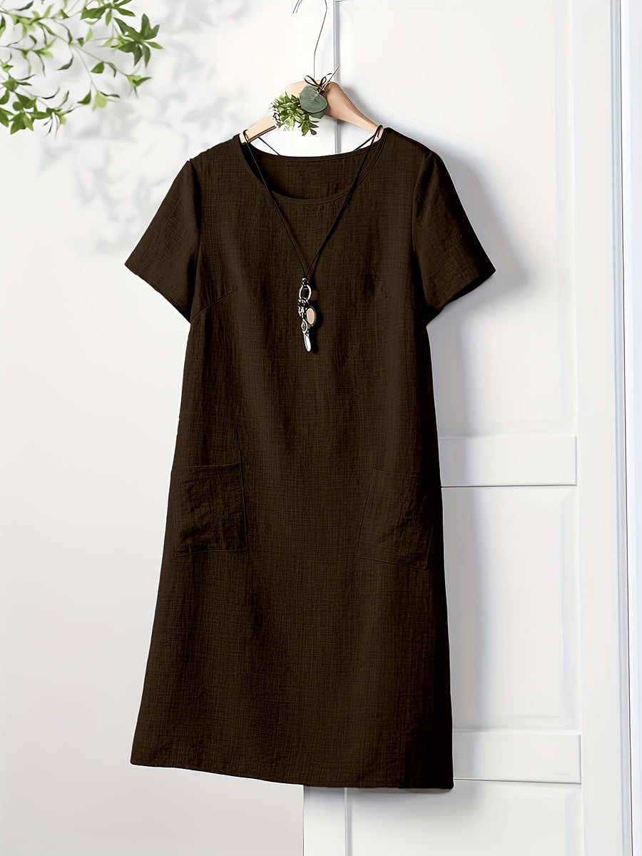 Women's Short-Sleeve Dress with Functional Pockets - Straight-Cut -Line Mid-Length Dress, Loose Fit Round Neck Short Sleeve Dress Suitable for Spring Summer Fall, Casual to Semi-Formal Wear, Machine Washable Solid Color Dress - Dark Brown