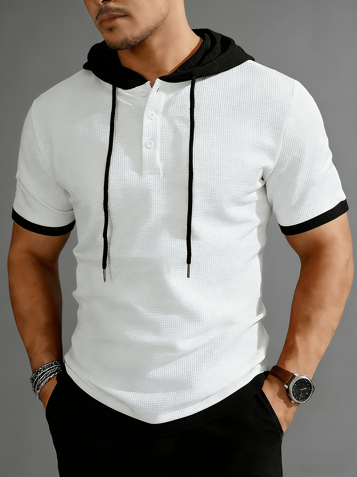 Josh Rose Summer Men's High-Quality Waffle Hooded Short-Sleeve T-Shirt - Unique Fashionable Patchwork Design with Special Textured Fabric, Adjustable Drawstring with Button, Suitable for Gym Workouts, Sports, Casual Wear, Outdoor Camping - White