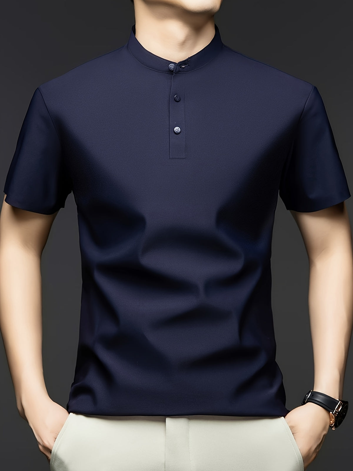 Men's Summer Mid-Life Seamless Stand Collar Short Sleeve T-Shirt, Solid Color Polyamide-Spandex Breathable Half-Sleeve Tee - Deep Navy Blue