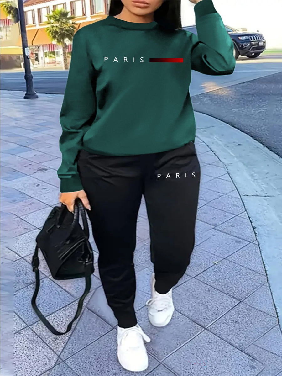 Women's Casual Tracksuit Set, Fashionable Paris Letter Print Long Sleeve Sweatshirt & Joggers Pants Outfit - Green