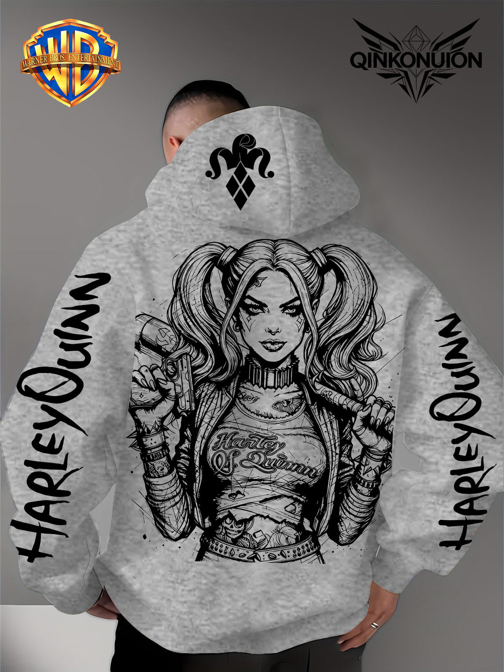 Warner Official Men'S Hoodie, Black And White Thread Draft Double Ponytail Quinn Hardcore Comic Print Design, Machine Washable, Warm And Casual for Autumn And Winter, Daily Drawstring Hoodie, Multi-Functional Sports And Leisure Loose Fit - Light Grey