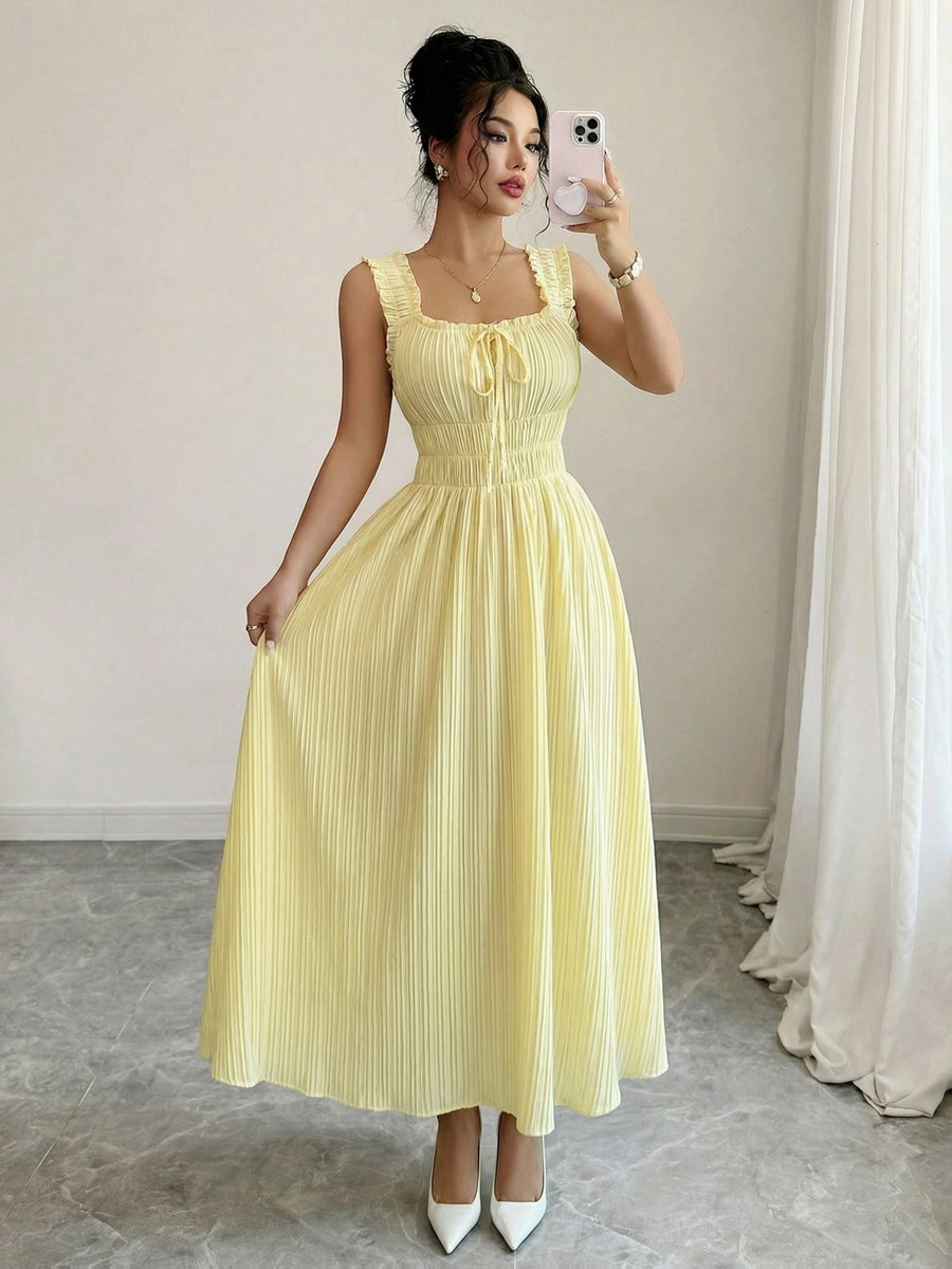Women'S Spring Summer New Temperament Elegant Solid Texture Fabric Square Neck Tie-Belt A-Line Dress - Yellow