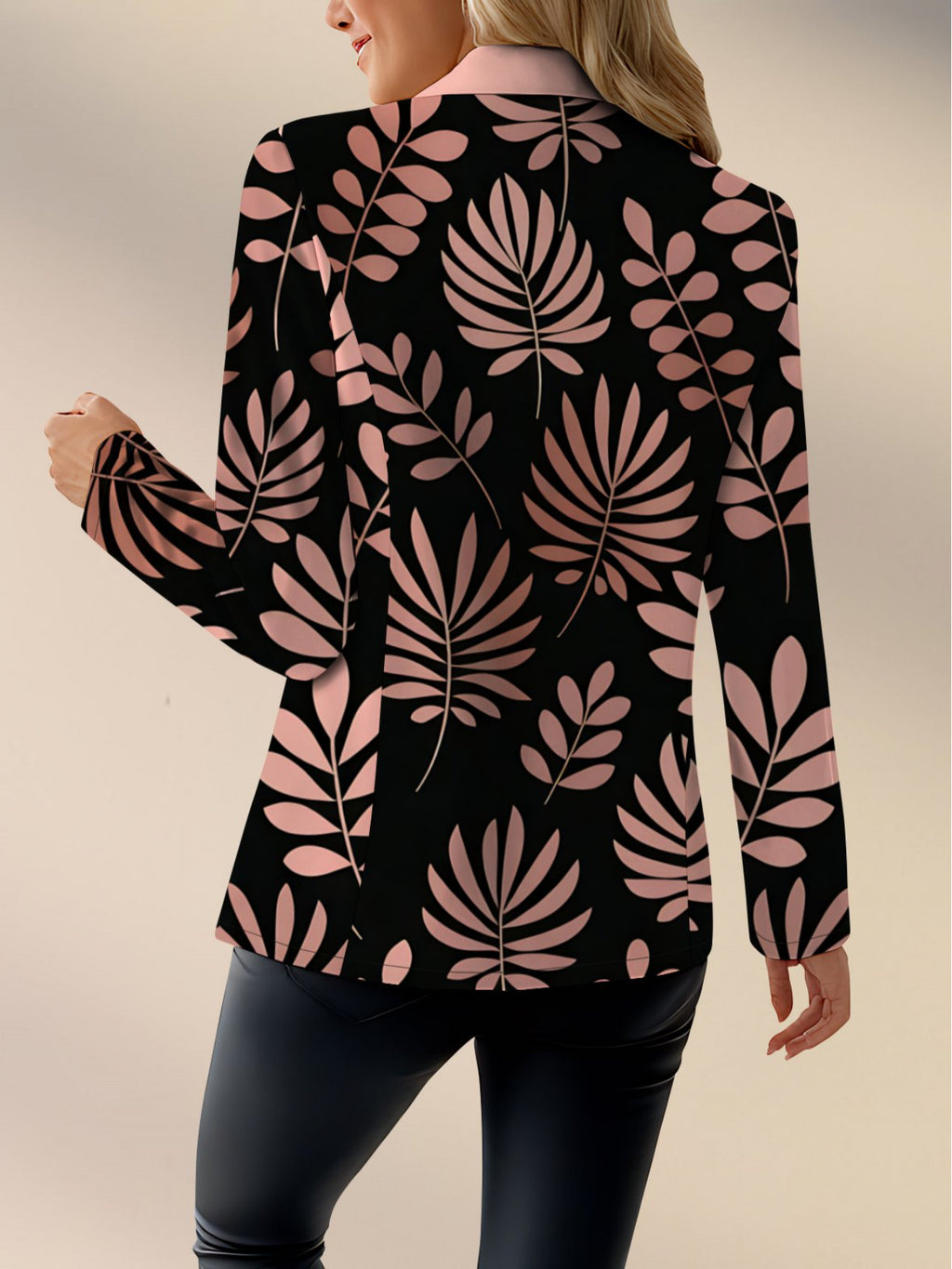 Autumn Women's fashion, outdoor travel,  clothing, exquisite patterns, Women's tops, plant leaf pattern prints, elegant Women's autumn skirts, exquisite Women's suit jackets, - Black Pink
