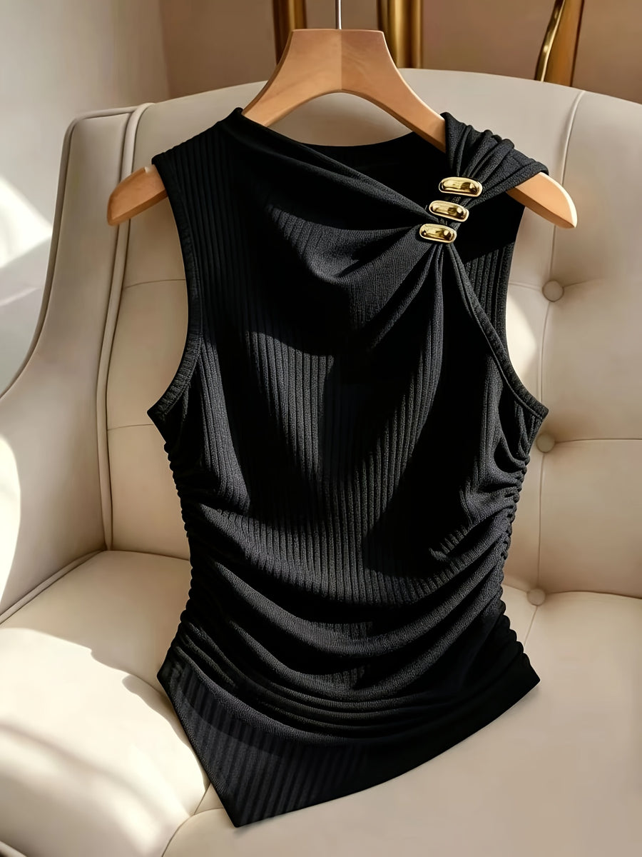 Women'S Summer Casual Top, Slant Collar Metallic Button Ribbed Versatile Temperament Women'S Top, Slant Collar Sleeveless Design with Metallic Button Embellishment And Side Ruching And Irregular Hem, Ribbed Texture, Temperament Commuter Style - Black