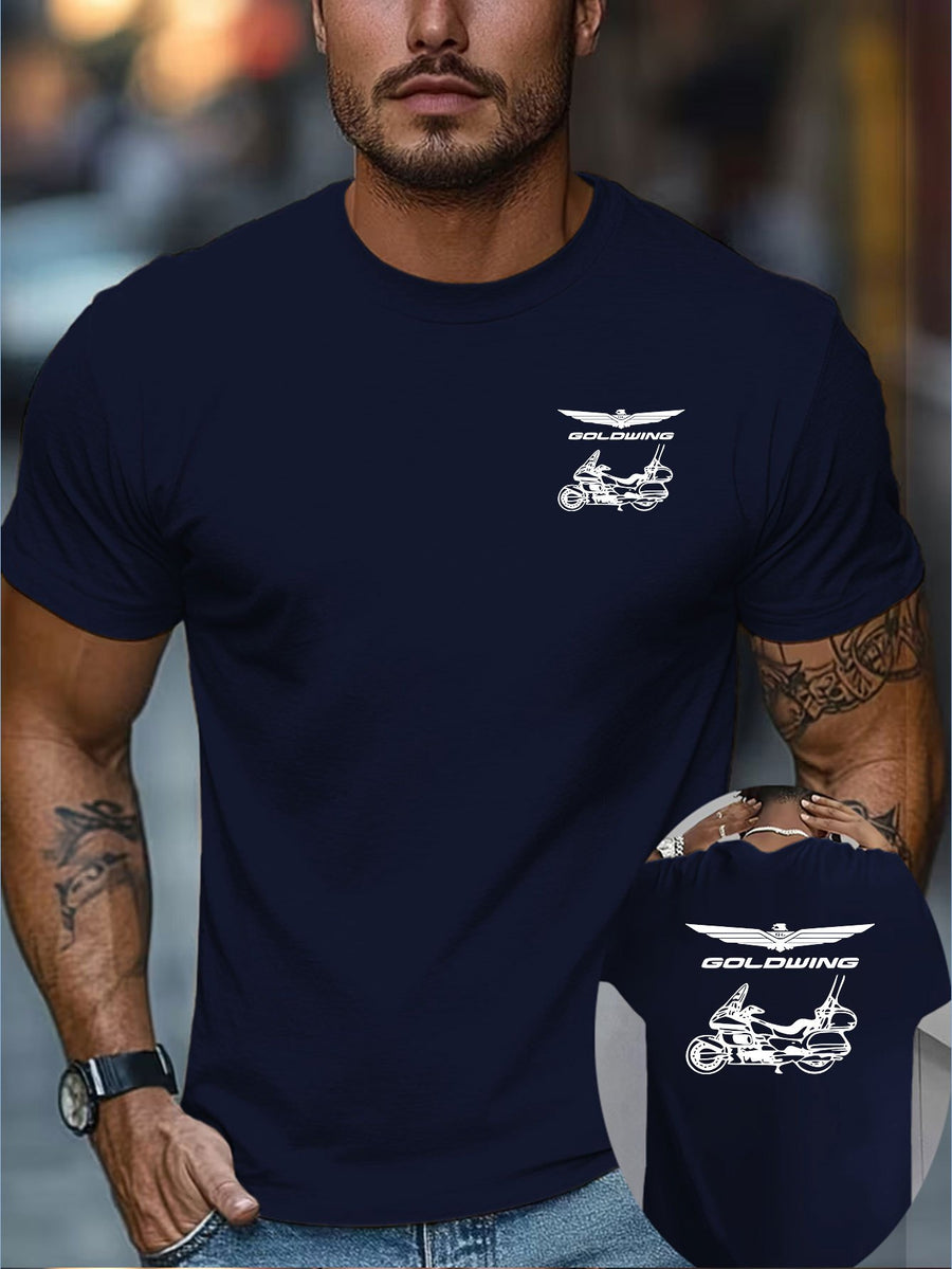 Creative Double-Sided Print Pattern Men'S Short Sleeve T-Shirt, Goldwing Motorcycle Silhouette Print T-Shirt, Motorcycle Culture, Easy, Men'S Fashion Trendy Short Sleeve, Suitable for Daily Casual And Outdoor Sports Fitness - Navy Color
