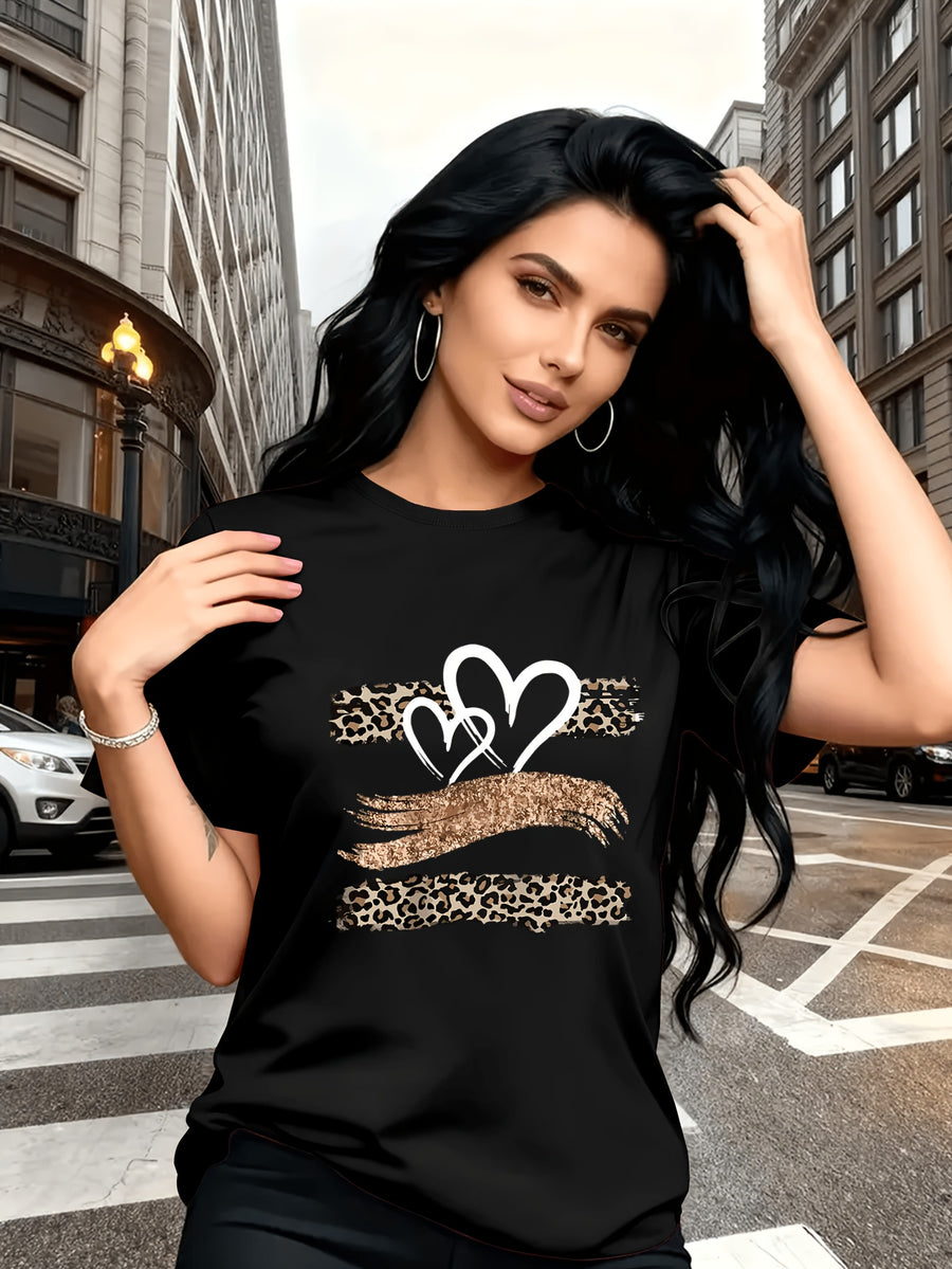Leopard Print Heart Glitter-themed Pattern Print, Fashionable Breathable T-shirt, for Family Travel,, Casual S, Daily Commutes, Matching Outfits for Sisters, Versatile T-shirt 30057 - Black 1