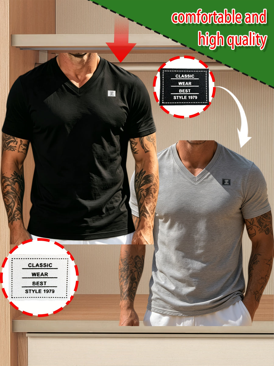 2pcs 100%, Men'S Knitted Solid V-Neck T-Shirt, Men'S T-Shirt New Chapter Design, Summer Global All-Season Base Layer Factory Made Men Comfortable High Quality High Fit Rate Casual Sports Top - Black+Light Grey