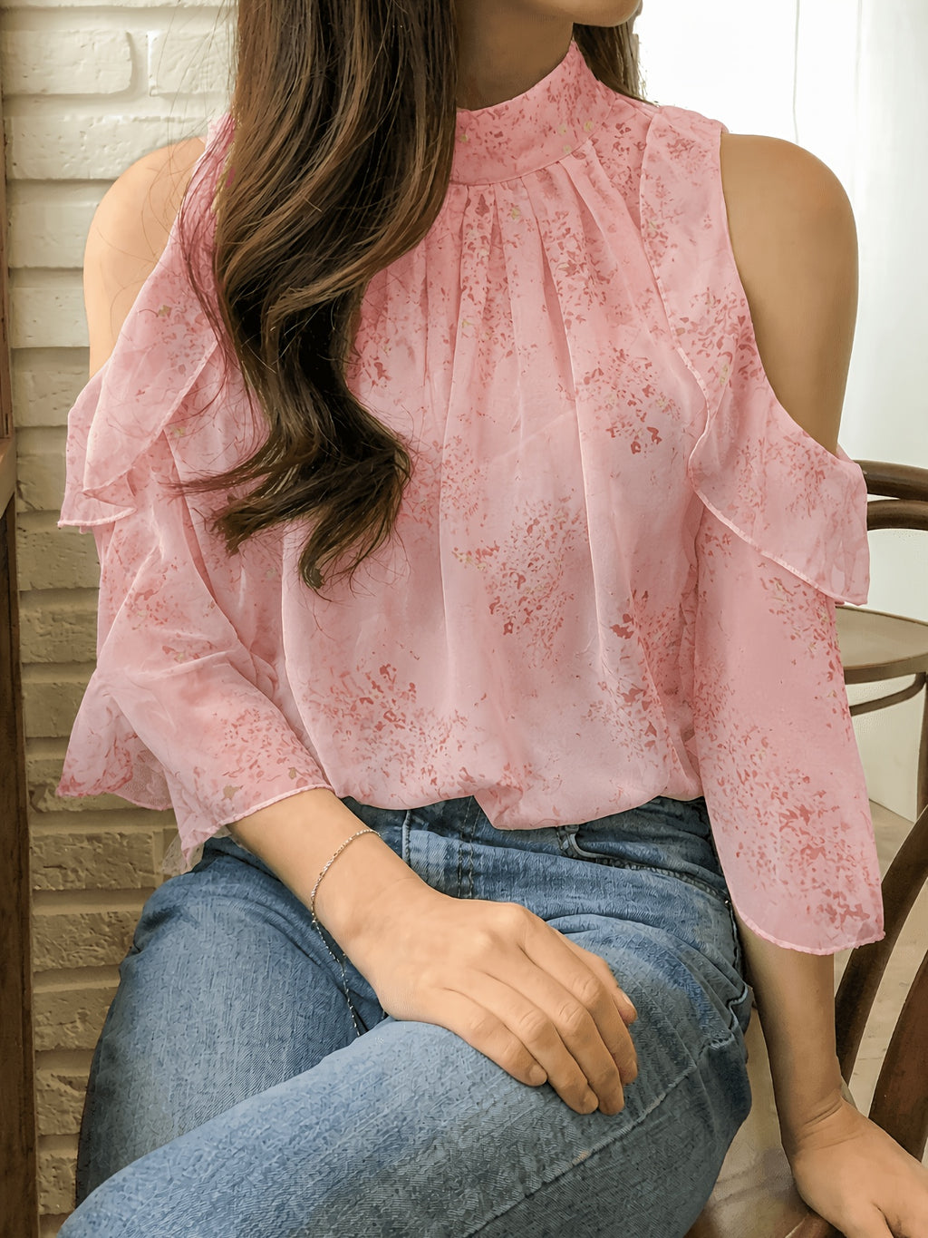 Spring Summer New Women'S Fashion Floral Fresh Style Off-Shoulder Long Sleeve Top - Peach