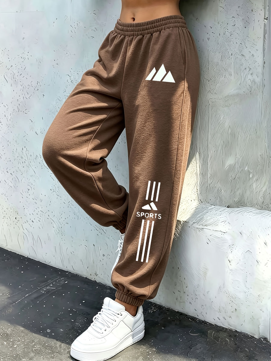 High-Waist Ankle-Cinching Sweatpants, Mountain Peak Print, Vertical Stripes on Both Sides of Legs, Elastic Cuffs Suitable for And Commuting - Coffee Color