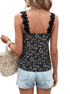 Women's Fashion Lace Trim Lace-Up Strap Tank Top, Sexy Backless Floral Print Color-Block Vest Top - Black