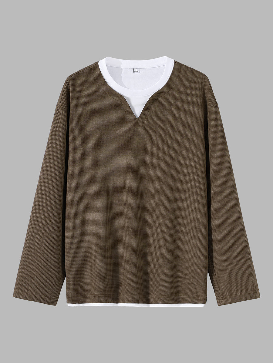JEEP Men'S Printed Waffle Knit Long Sleeve T-Shirt for Spring And Autumn - Coffee