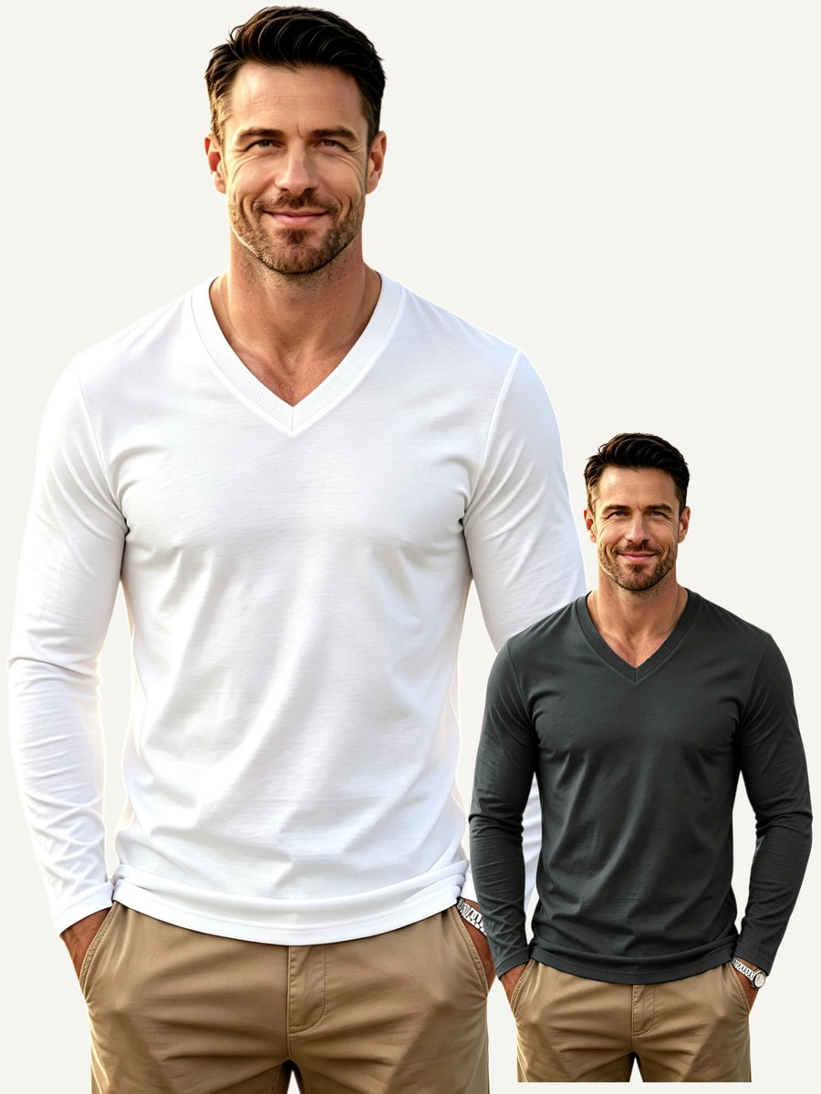 100%, 2pcs Men'S V-Neck Long Sleeve T-Shirts, Men'S Knit Sweatshirts, Casual Athletic Ribbed Neck Tops - White + Dark gray
