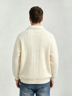 Men'S Vintage Jacquard Knit Lapel Sweatshirt Loose Fit Half-Button Textured Pullover Top Casual Street Style Long Sleeve Lapel Sweater - Apricot
