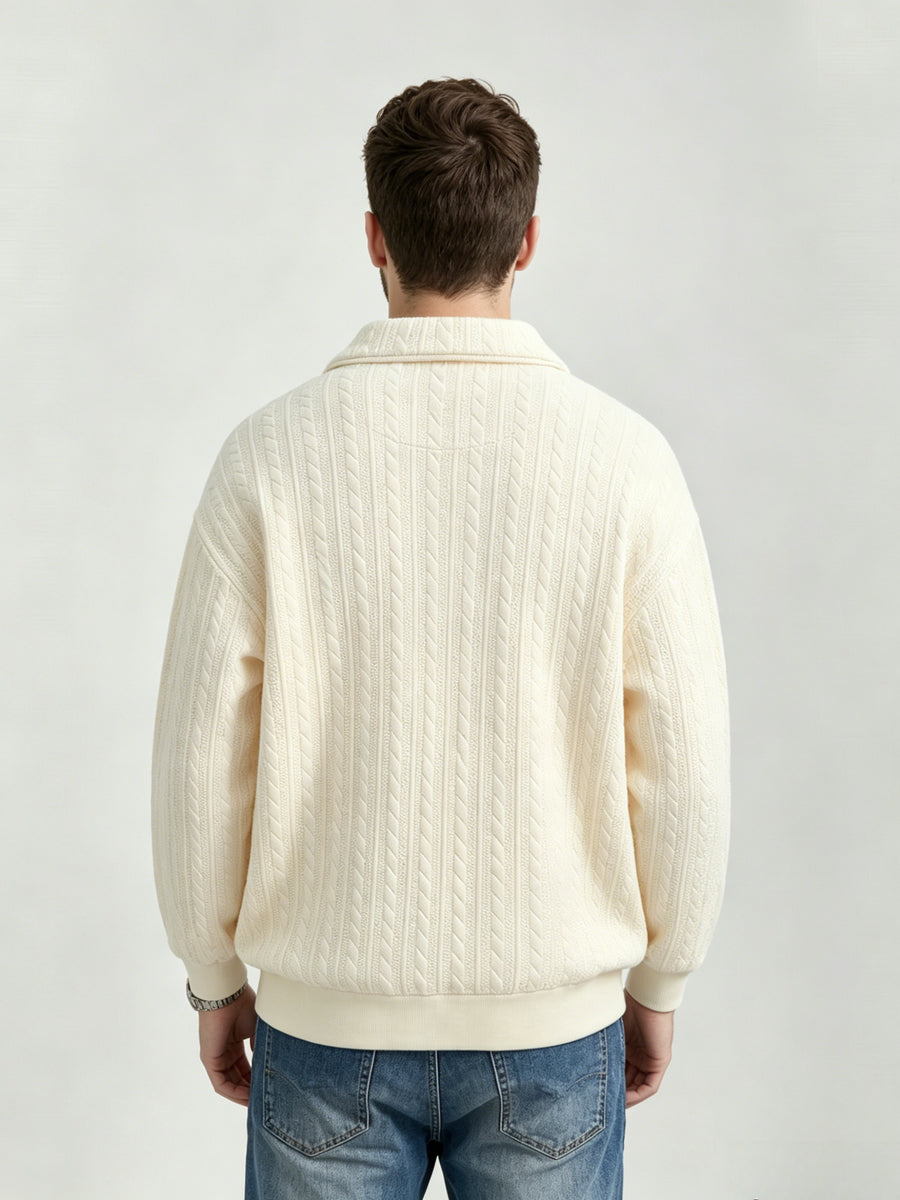 Men'S Vintage Jacquard Knit Lapel Sweatshirt Loose Fit Half-Button Textured Pullover Top Casual Street Style Long Sleeve Lapel Sweater - Apricot